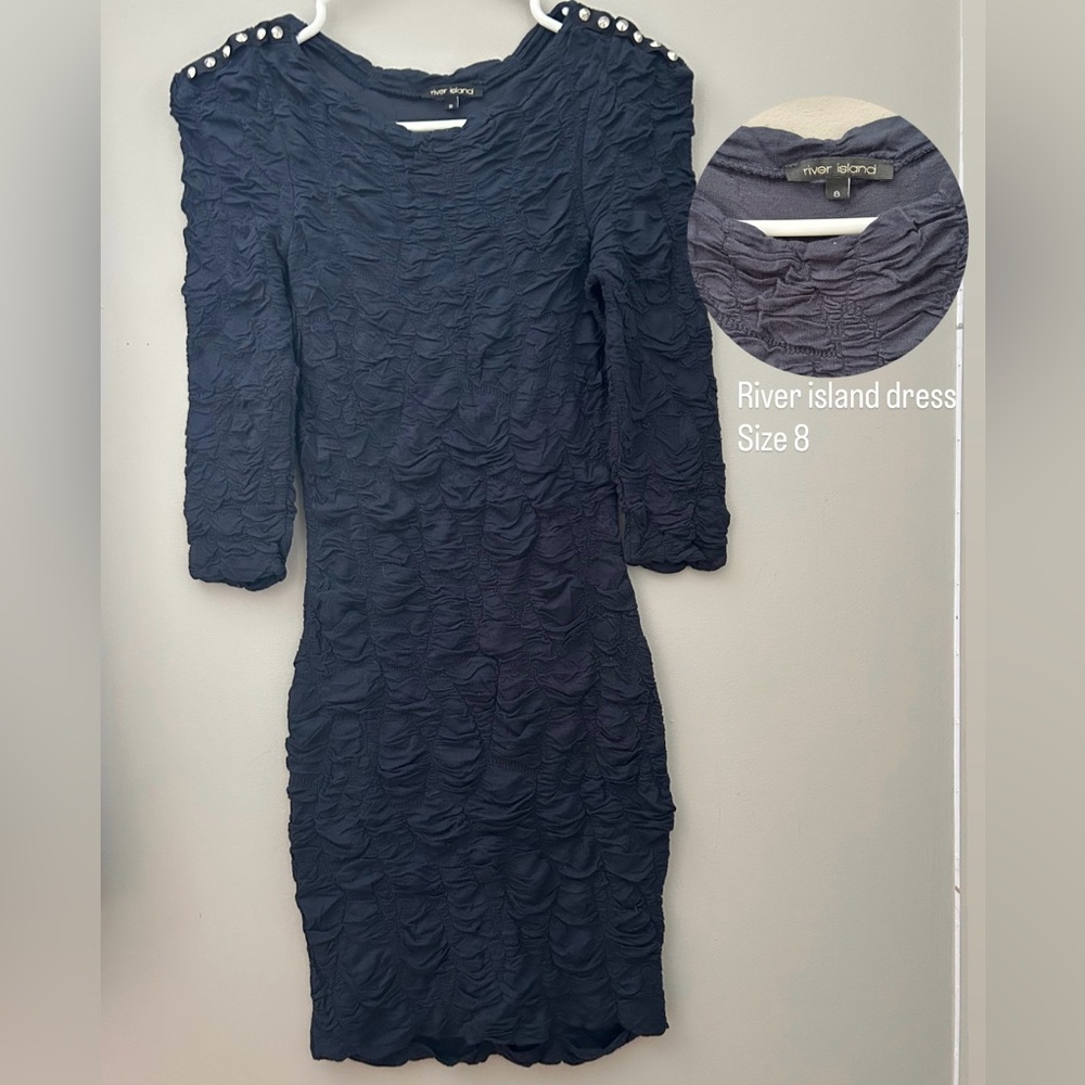 River Island Navy Ruched Long Sleeve Bodycon Dress with Shoulder Studs